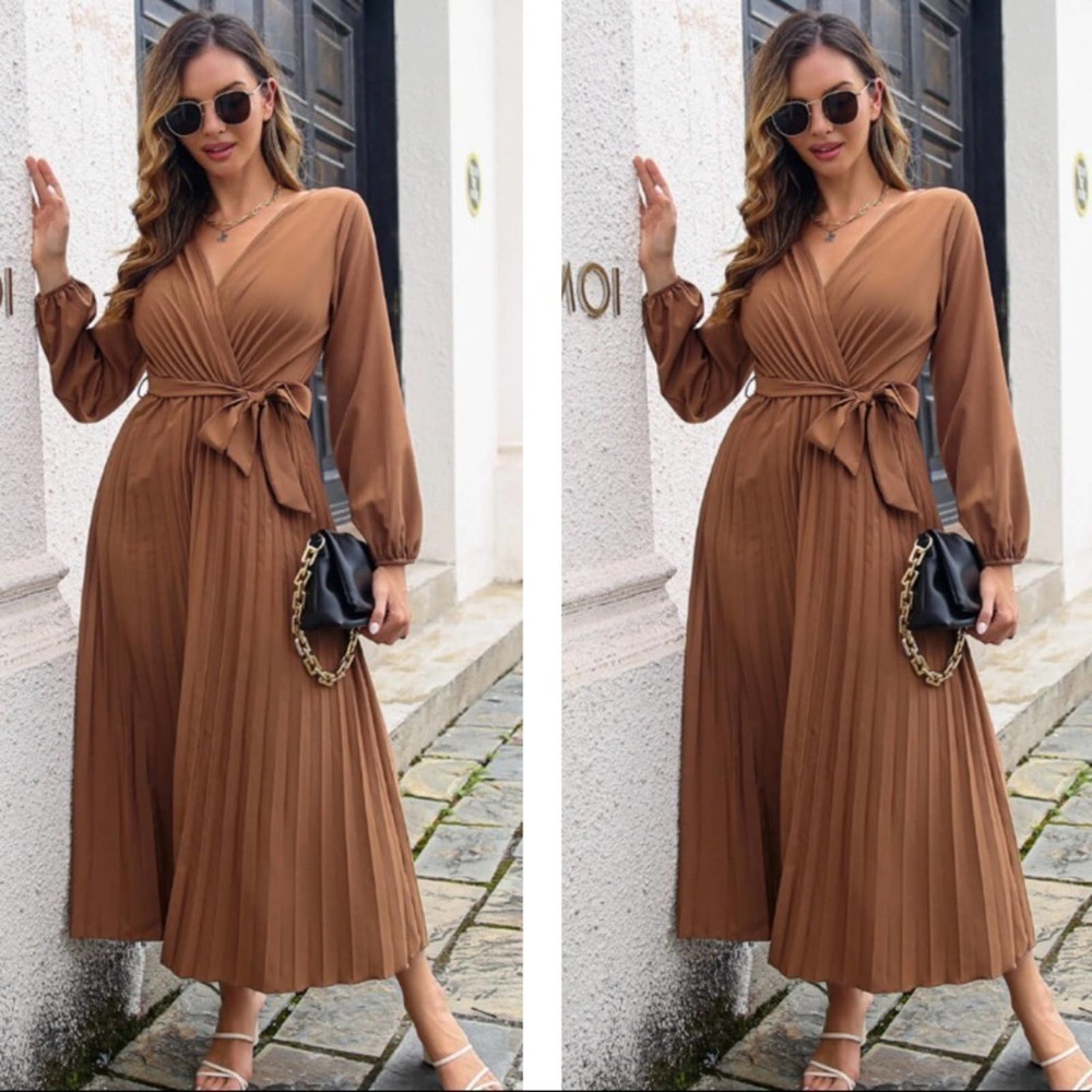 Brown Pleated Long Sleeve Surplice Maxi Dress